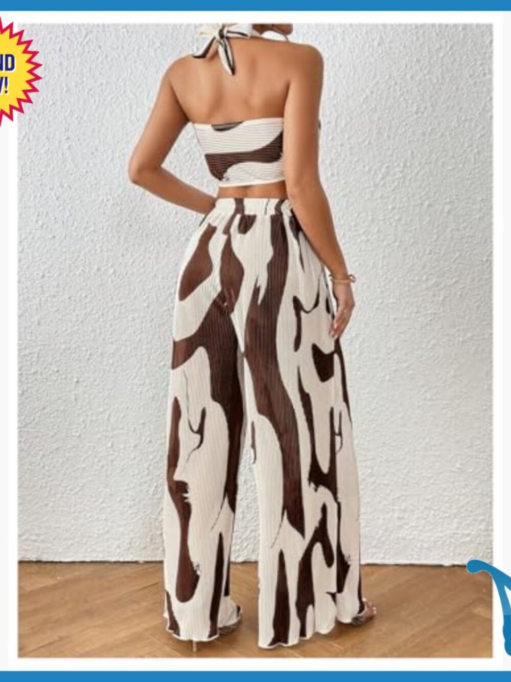 Knitted Crop Halter Top and Wide Leg Pants Set, Polyester, XS - Picture 2 of 7